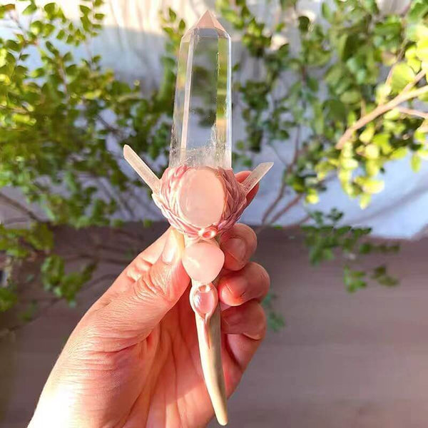 CLEAR QUARTZ & ANTLER SHAPE HANDLE WAND