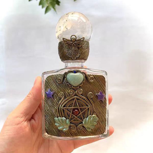 PENTACLE  MAGIC BOTTLE WITH ClEAR QUARTZ SPHERE CAP